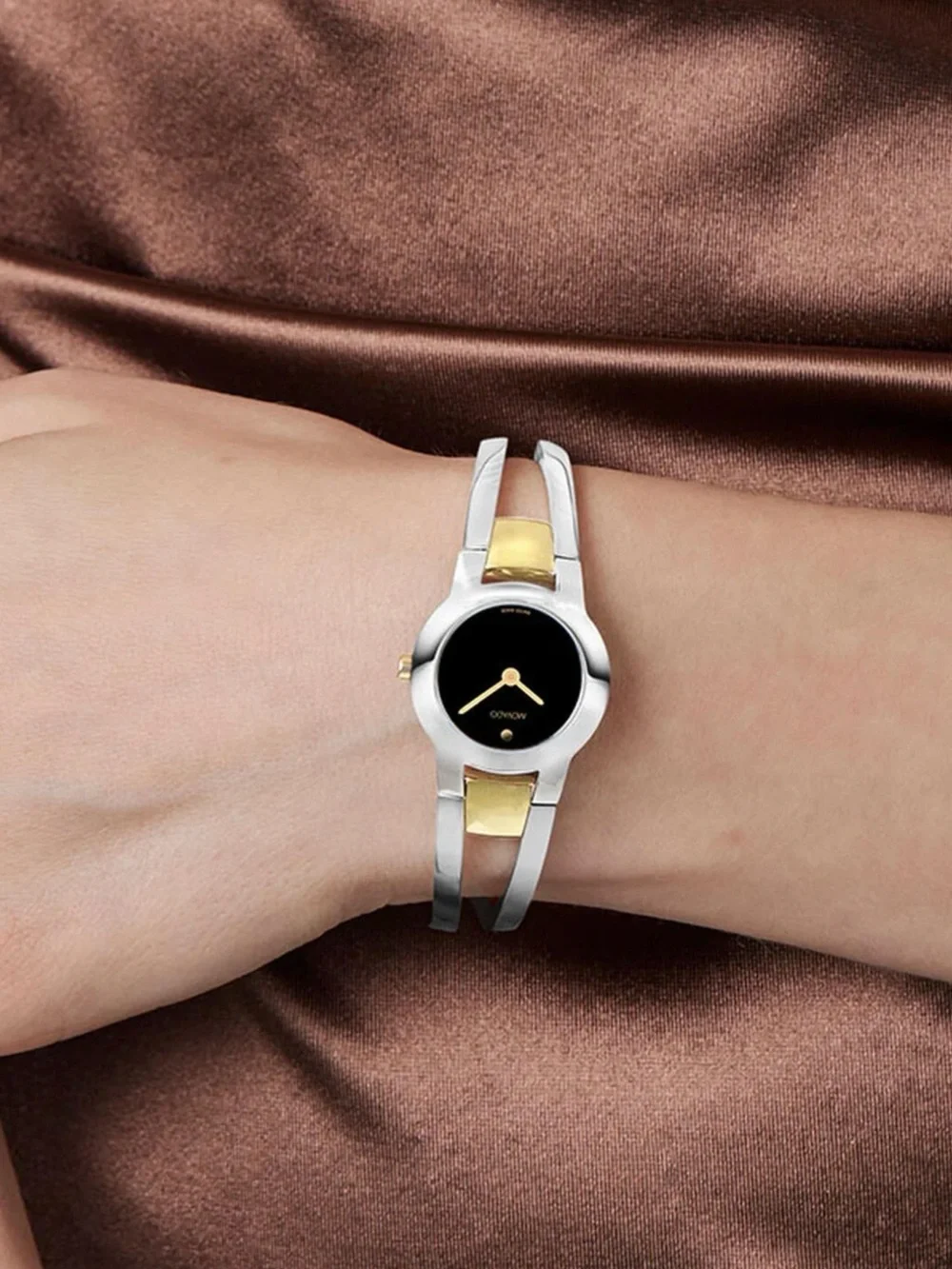 Movado Two-Tone Silver and Gold Bangle Watch with Black Dial